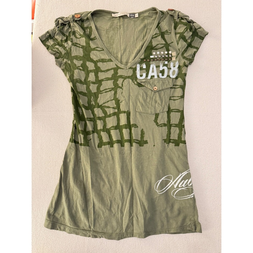 Y2K Christian Audigier Womens Olive Green CA58 Graphic Studded V-Neck Size Small
